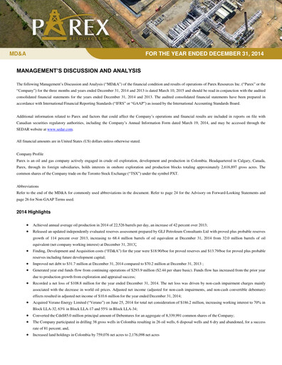 Miniature Parex Resources Bilan financier 2014