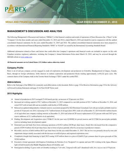 Miniature Parex Resources Bilan financier 2015