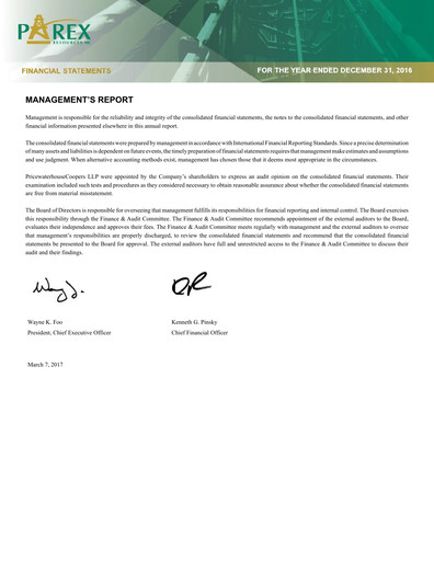 Miniature Parex Resources Bilan financier 2016