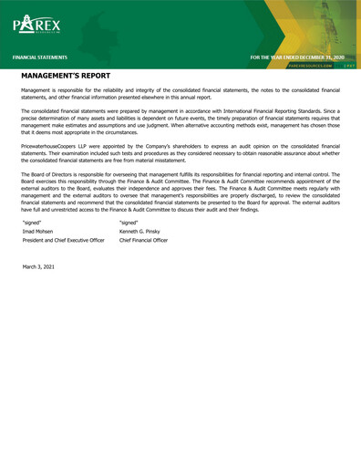 Miniature Parex Resources Bilan financier 2020