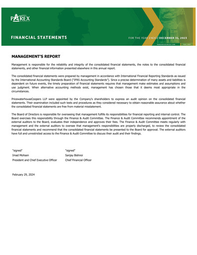 Miniature Parex Resources Bilan financier 2023