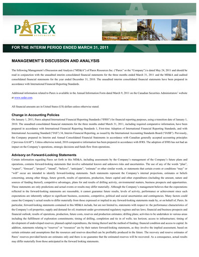 Vorschaubild Parex Resources Quartalsbericht 2011-q1