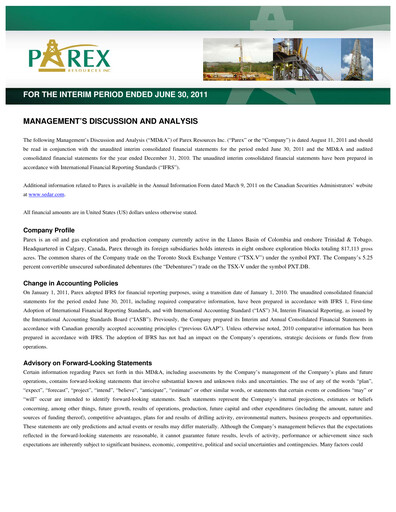 Vorschaubild Parex Resources Quartalsbericht 2011-q2