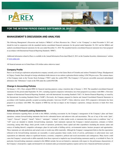 Vorschaubild Parex Resources Quartalsbericht 2011-q3