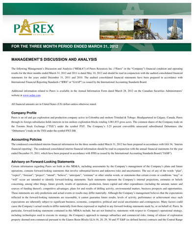 Vorschaubild Parex Resources Quartalsbericht 2012-q1
