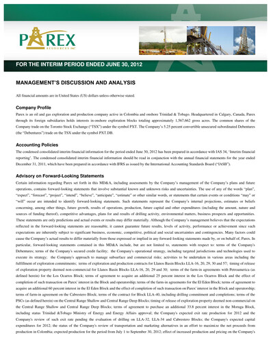 Vorschaubild Parex Resources Quartalsbericht 2012-q2