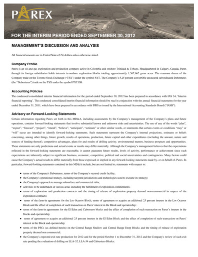Vorschaubild Parex Resources Quartalsbericht 2012-q3
