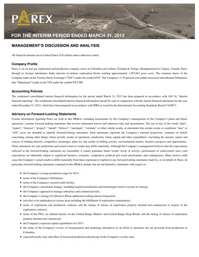 Vorschaubild Parex Resources Quartalsbericht 2013-q1