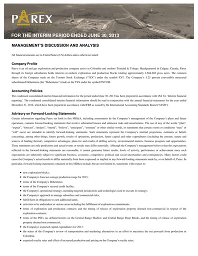 Vorschaubild Parex Resources Quartalsbericht 2013-q2