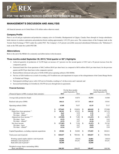 Vorschaubild Parex Resources Quartalsbericht 2013-q3