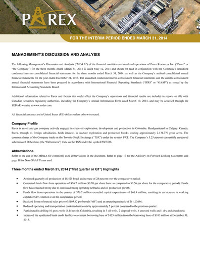 Vorschaubild Parex Resources Quartalsbericht 2014-q1