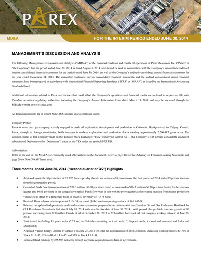 Vorschaubild Parex Resources Quartalsbericht 2014-q2