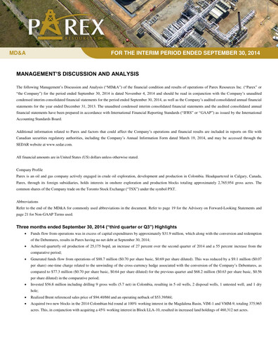 Vorschaubild Parex Resources Quartalsbericht 2014-q3