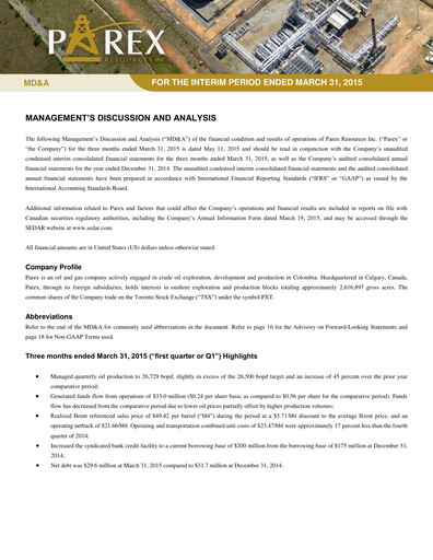 Vorschaubild Parex Resources Quartalsbericht 2015-q1
