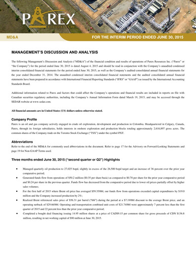 Vorschaubild Parex Resources Quartalsbericht 2015-q2
