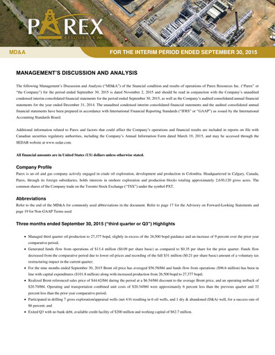 Vorschaubild Parex Resources Quartalsbericht 2015-q3