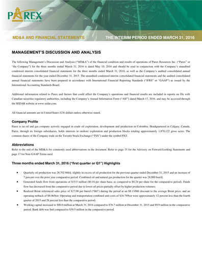 Vorschaubild Parex Resources Quartalsbericht 2016-q1