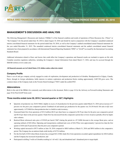 Vorschaubild Parex Resources Quartalsbericht 2016-q2