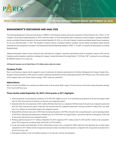 Vorschaubild Parex Resources Quartalsbericht 2016-q3