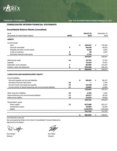 Vorschaubild Parex Resources Quartalsbericht 2017-q1