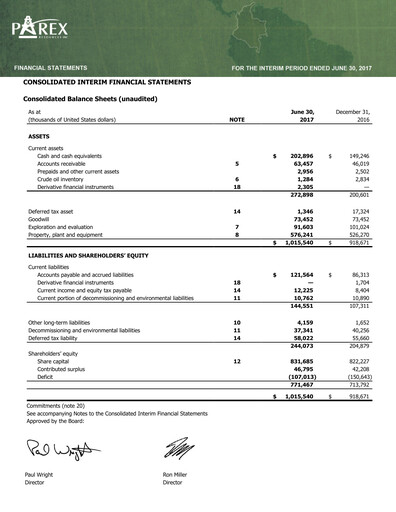 Vorschaubild Parex Resources Quartalsbericht 2017-q2