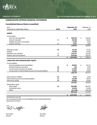 Vorschaubild Parex Resources Quartalsbericht 2017-q3
