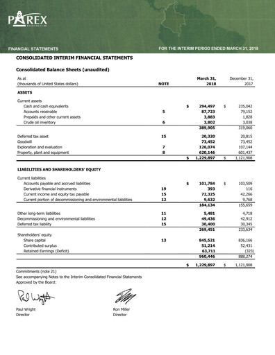 Vorschaubild Parex Resources Quartalsbericht 2018-q1