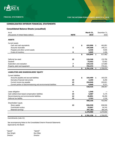 Vorschaubild Parex Resources Quartalsbericht 2019-q1