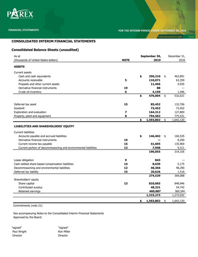 Vorschaubild Parex Resources Quartalsbericht 2019-q3