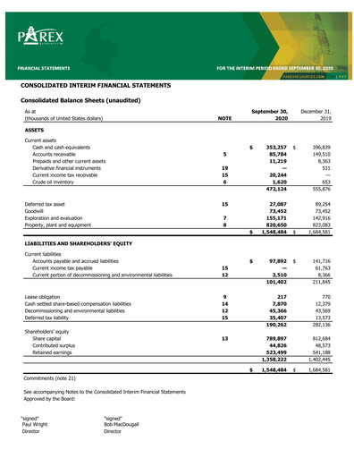 Vorschaubild Parex Resources Quartalsbericht 2020-q3