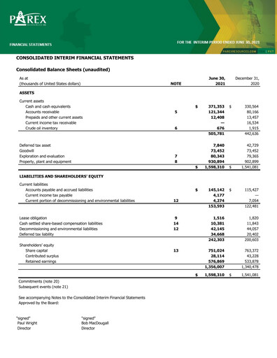 Vorschaubild Parex Resources Quartalsbericht 2021-q2