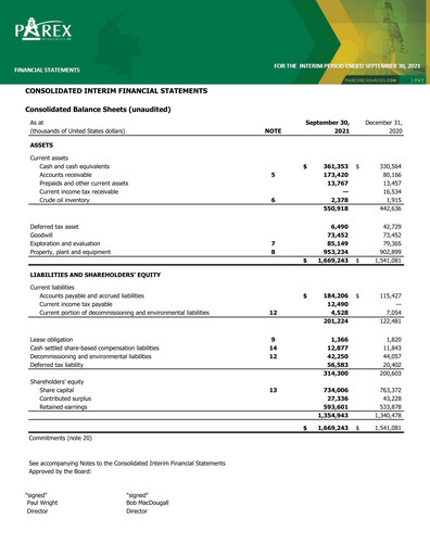 Vorschaubild Parex Resources Quartalsbericht 2021-q3