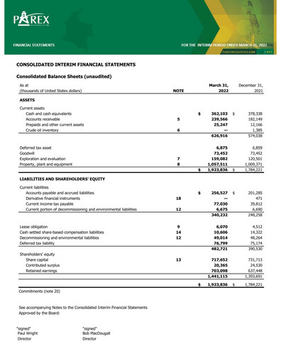 Vorschaubild Parex Resources Quartalsbericht 2022-q1