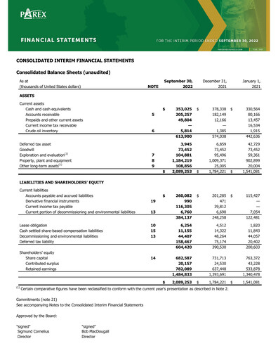 Vorschaubild Parex Resources Quartalsbericht 2022-q3