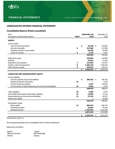 Vorschaubild Parex Resources Quartalsbericht 2023-q3