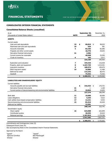 Vorschaubild Parex Resources Quartalsbericht 2025-q3