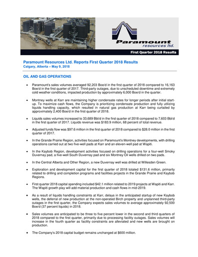 Thumbnail Paramount Resources Quarterly Report 2018-q1