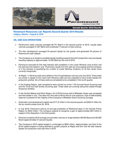 Thumbnail Paramount Resources Quarterly Report 2018-q2