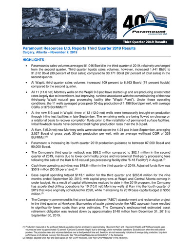 Thumbnail Paramount Resources Quarterly Report 2019-q3