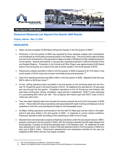 Thumbnail Paramount Resources Quarterly Report 2020-q1