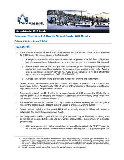 Thumbnail Paramount Resources Quarterly Report 2020-q2