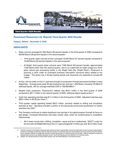Thumbnail Paramount Resources Quarterly Report 2020-q3
