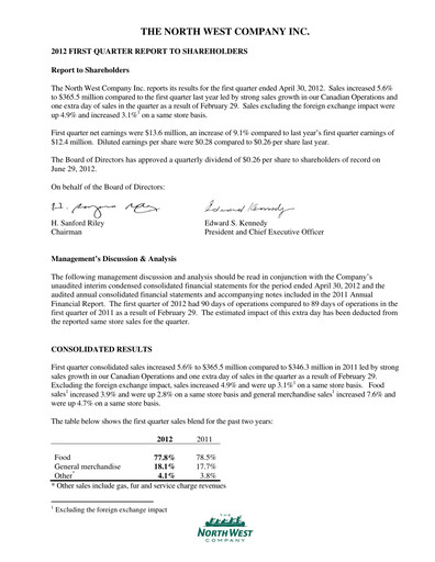 Thumbnail The North West Company Quarterly Report 2012-q1