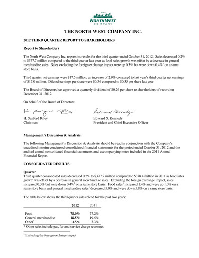 Thumbnail The North West Company Quarterly Report 2012-q3