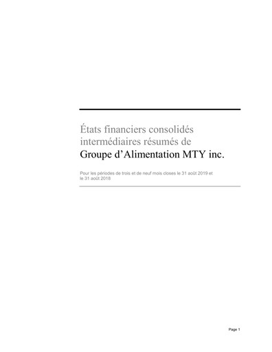 Thumbnail MTY Food Group Financial Statement 2019-q3