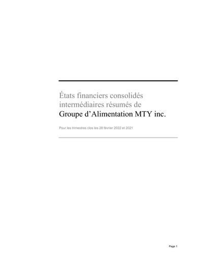 Thumbnail MTY Food Group Financial Statement 2022-q1