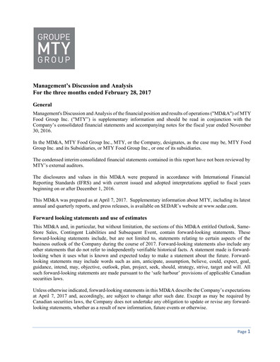 Thumbnail MTY Food Group Quarterly Report 2017-q1