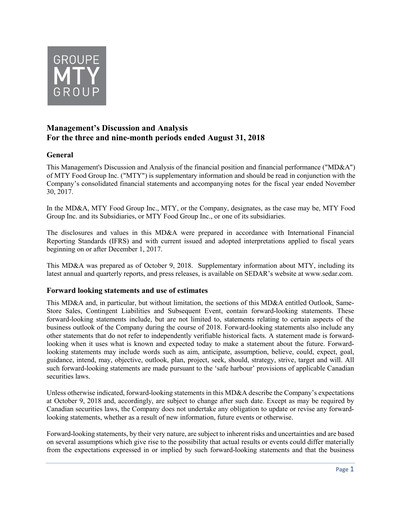 Thumbnail MTY Food Group Quarterly Report 2018-q3