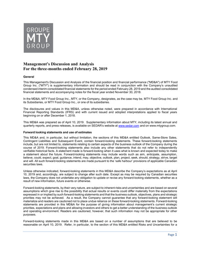 Thumbnail MTY Food Group Quarterly Report 2019-q1