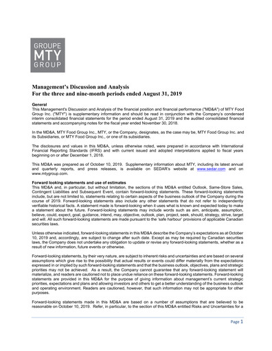 Thumbnail MTY Food Group Quarterly Report 2019-q3
